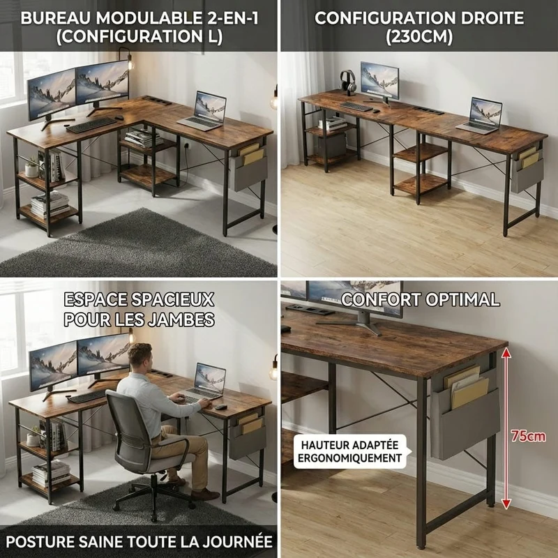 Bureau d'Angle Industriel 140/230 cm avec Rangements et Hub Électrique Intégré