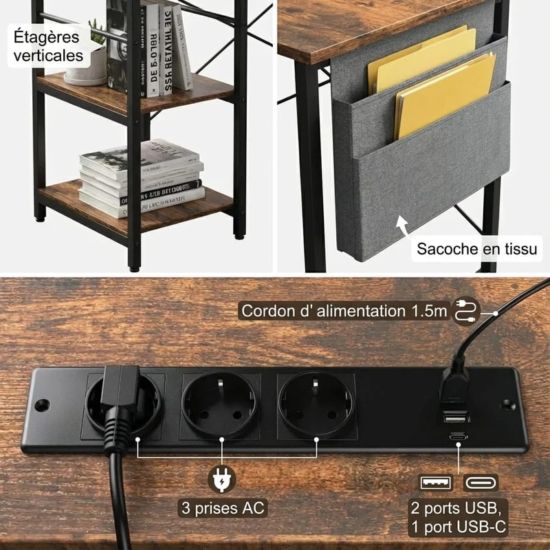 Bureau d'Angle Industriel 140/230 cm avec Rangements et Hub Électrique Intégré