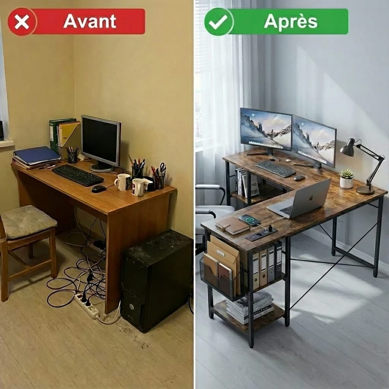 Bureau d'Angle Industriel 140/230 cm avec Rangements et Hub Électrique Intégré