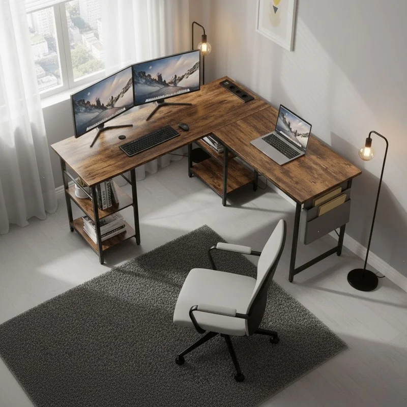Bureau d'Angle Industriel 140/230 cm avec Rangements et Hub Électrique Intégré