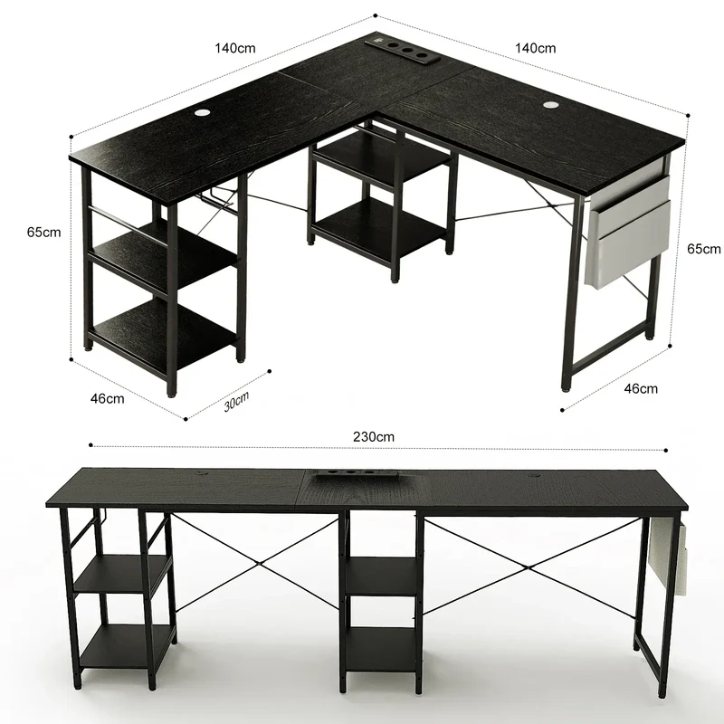 Bureau d'Angle Industriel 140/230 cm avec Rangements et Hub Électrique Intégré