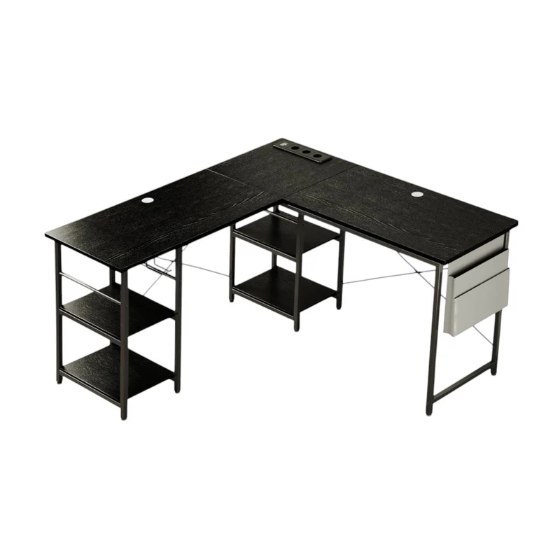 Bureau d'Angle Industriel 140/230 cm avec Rangements et Hub Électrique Intégré
