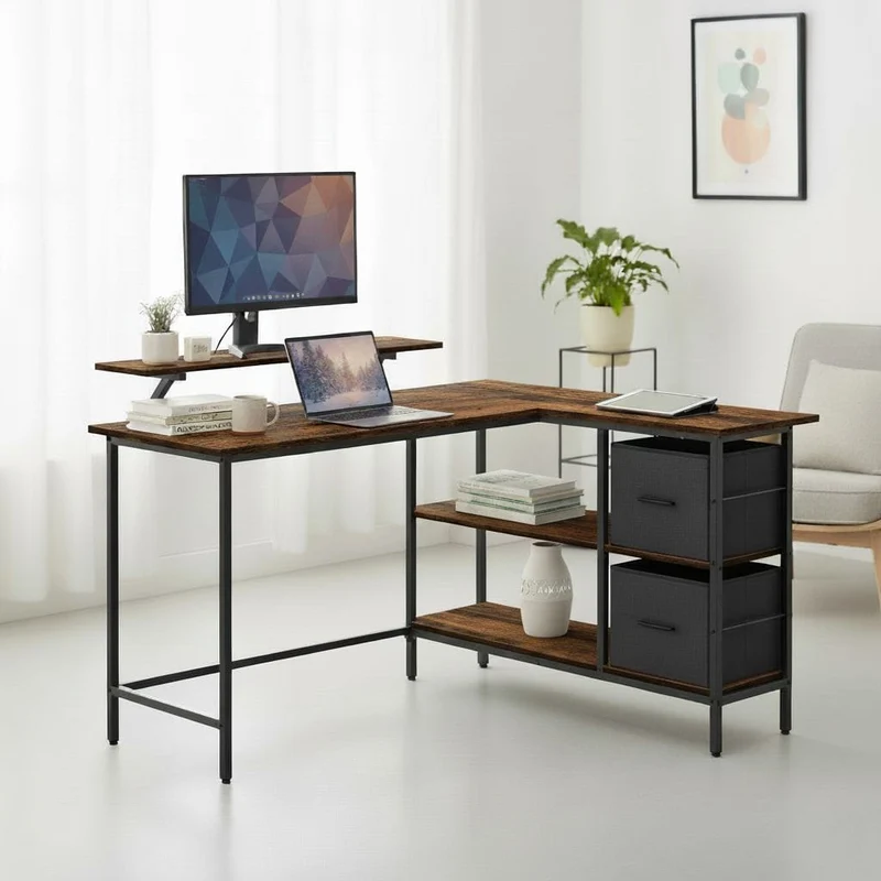 Bureau d'Angle Ergonomique Style Industriel : L'Espace de Travail Réversible, Robuste et Organisé