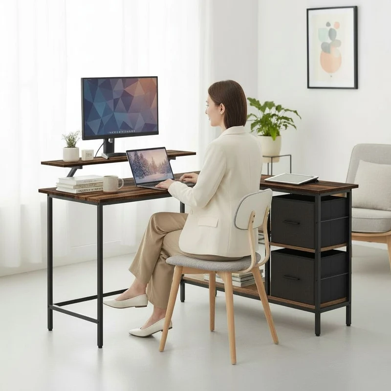 Bureau d'Angle Ergonomique Style Industriel : L'Espace de Travail Réversible, Robuste et Organisé