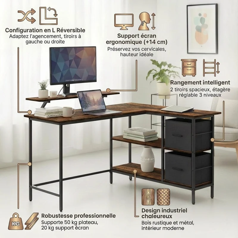 Bureau d'Angle Ergonomique Style Industriel : L'Espace de Travail Réversible, Robuste et Organisé
