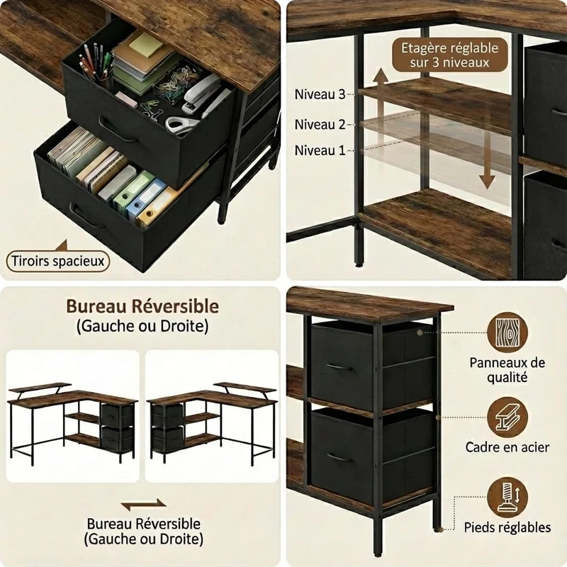 Bureau d'Angle Ergonomique Style Industriel : L'Espace de Travail Réversible, Robuste et Organisé