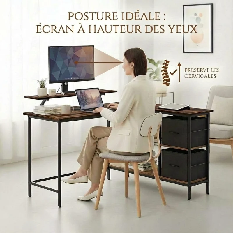 Bureau d'Angle Ergonomique Style Industriel : L'Espace de Travail Réversible, Robuste et Organisé