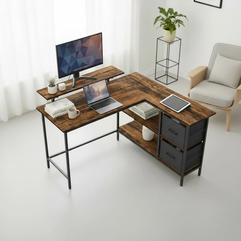 Bureau d'Angle Ergonomique Style Industriel : L'Espace de Travail Réversible, Robuste et Organisé
