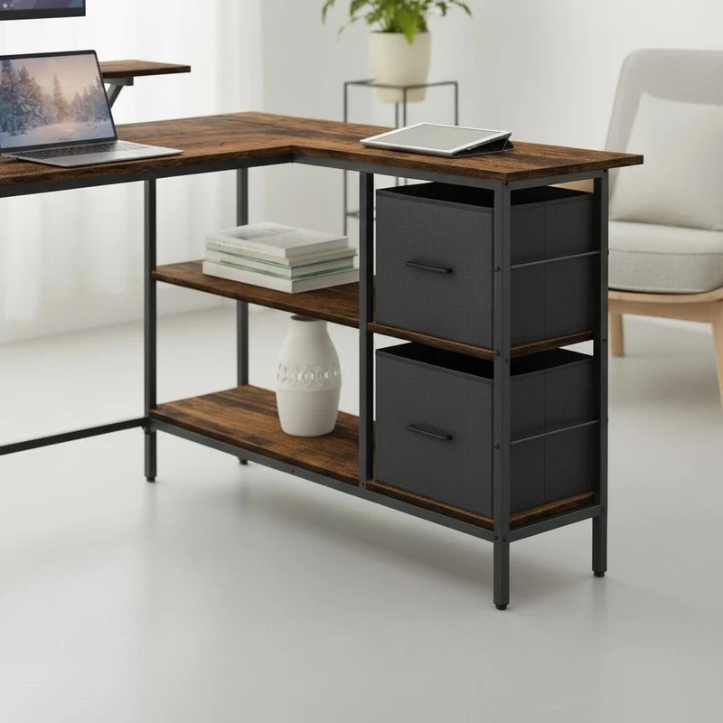 Bureau d'Angle Ergonomique Style Industriel : L'Espace de Travail Réversible, Robuste et Organisé