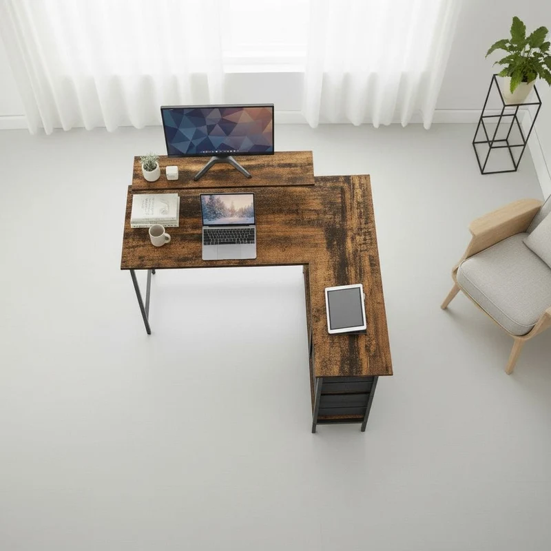 Bureau d'Angle Ergonomique Style Industriel : L'Espace de Travail Réversible, Robuste et Organisé