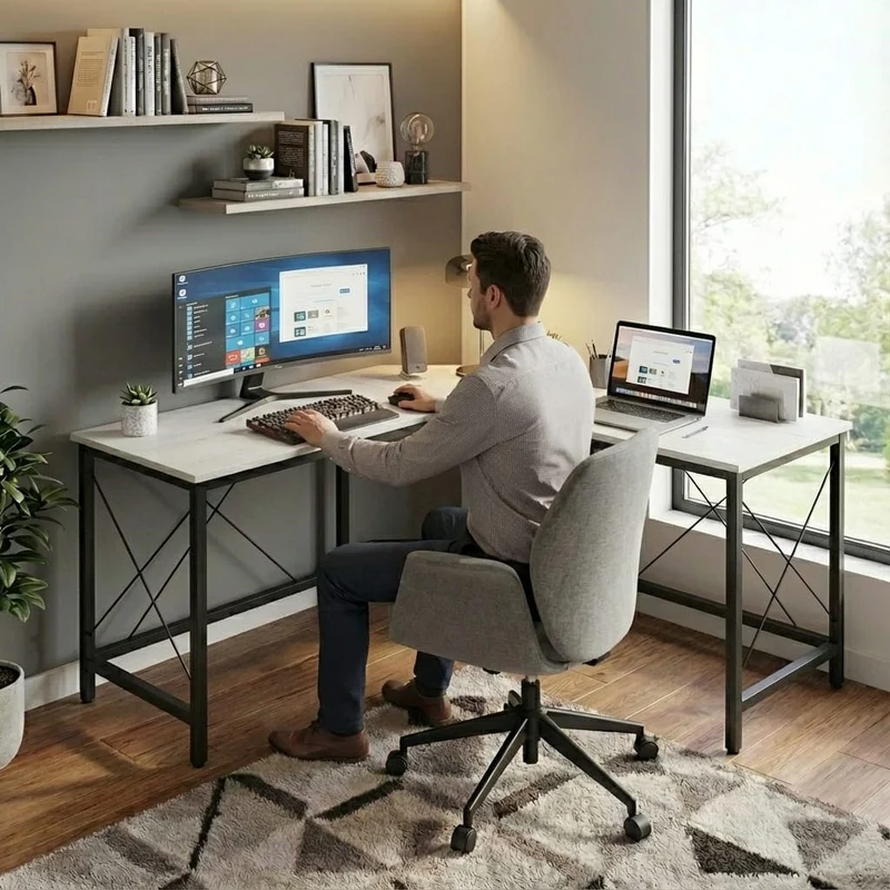 Bureau d'Angle XXL 150x150 cm | Station Pro Ultra-Stable Finition Bois Blanc