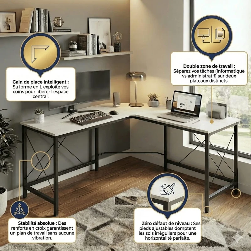 Bureau d'Angle XXL 150x150 cm | Station Pro Ultra-Stable Finition Bois Blanc