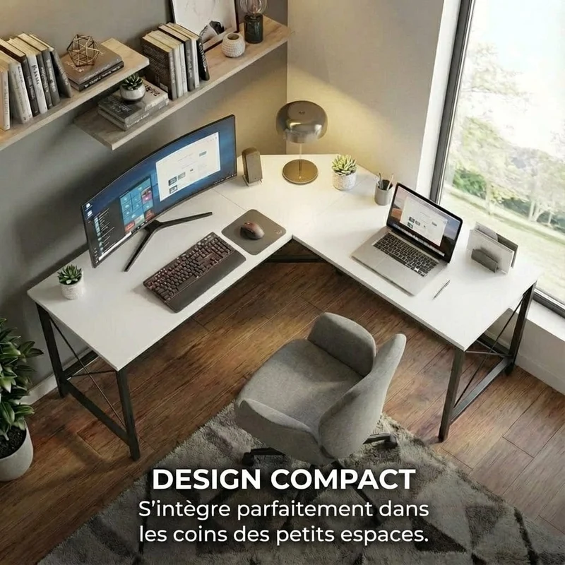 Bureau d'Angle XXL 150x150 cm | Station Pro Ultra-Stable Finition Bois Blanc