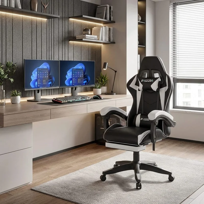 Chaise Gaming Ergonomique avec Repose-Pieds Rétractable - Dossier Inclinable 90-155° - Support Lombaire
