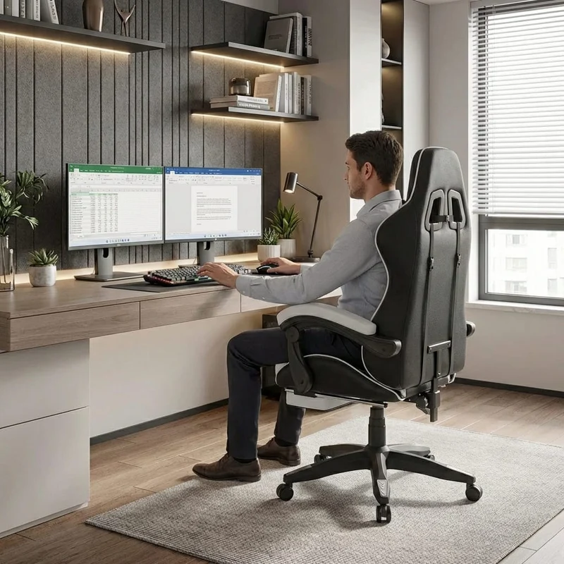 Chaise Gaming Ergonomique avec Repose-Pieds Rétractable - Dossier Inclinable 90-155° - Support Lombaire