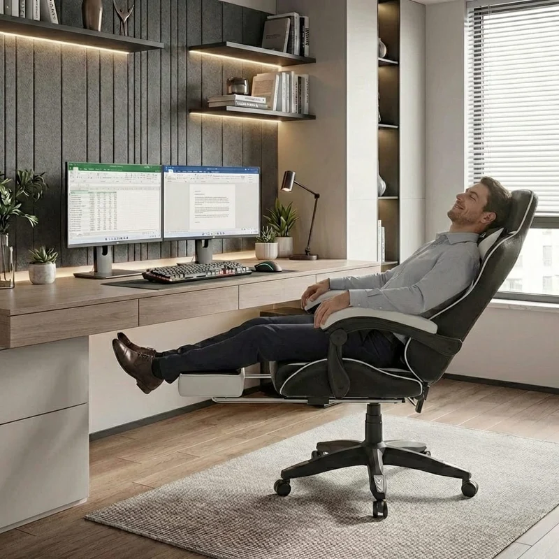 Chaise Gaming Ergonomique avec Repose-Pieds Rétractable - Dossier Inclinable 90-155° - Support Lombaire