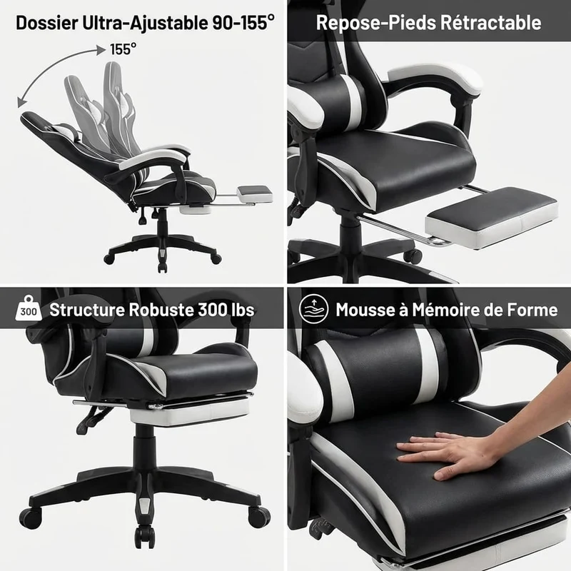 Chaise Gaming Ergonomique avec Repose-Pieds Rétractable - Dossier Inclinable 90-155° - Support Lombaire