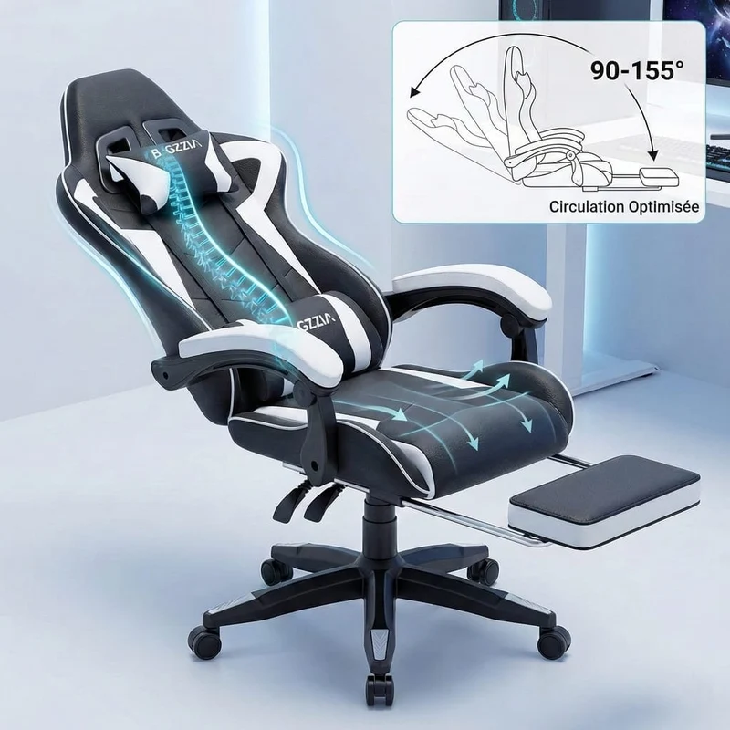 Chaise Gaming Ergonomique avec Repose-Pieds Rétractable - Dossier Inclinable 90-155° - Support Lombaire