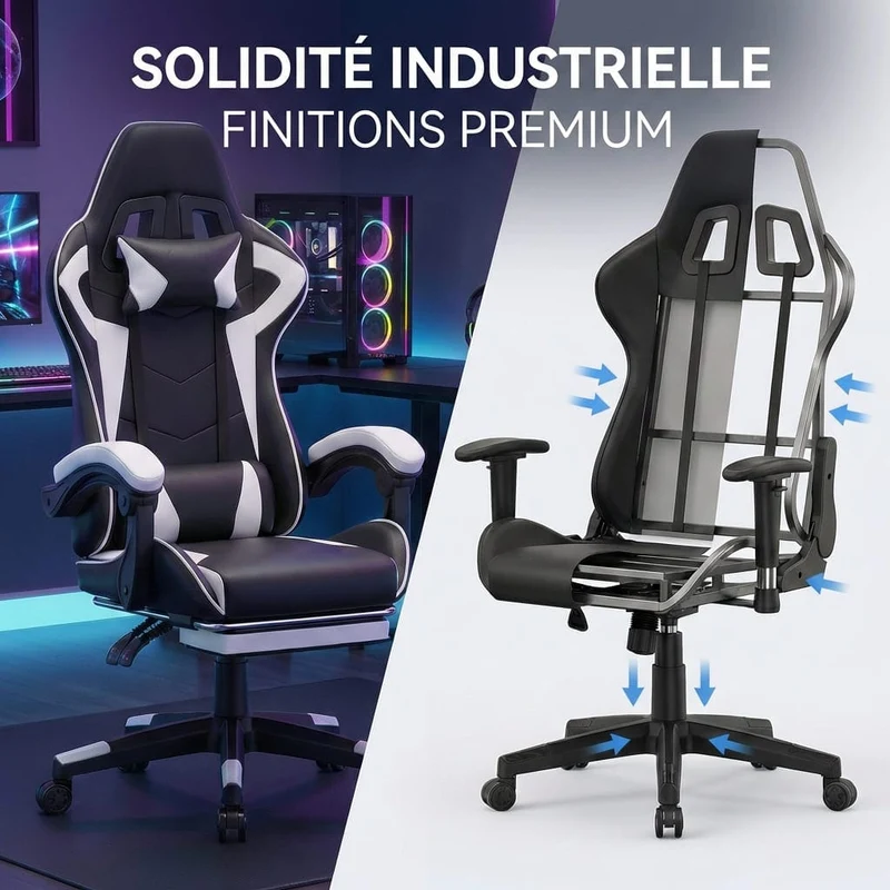 Chaise Gaming Ergonomique avec Repose-Pieds Rétractable - Dossier Inclinable 90-155° - Support Lombaire