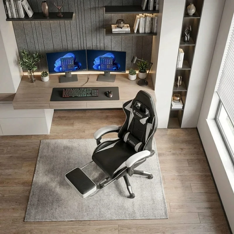 Chaise Gaming Ergonomique avec Repose-Pieds Rétractable - Dossier Inclinable 90-155° - Support Lombaire