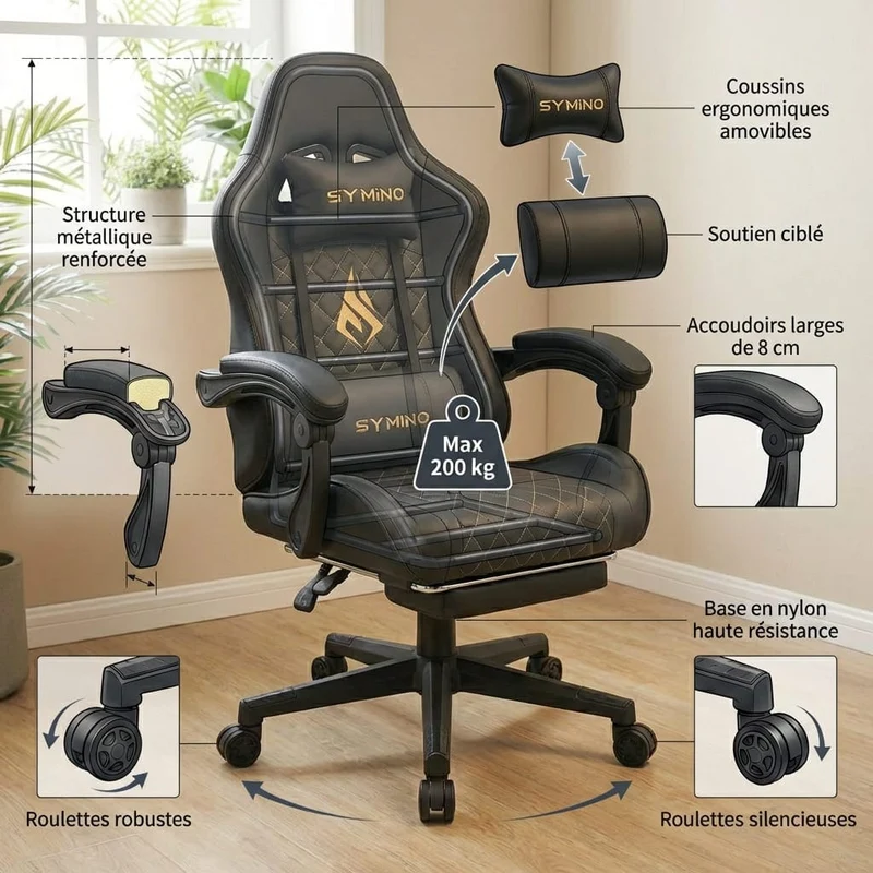 Chaise Gaming Ergonomique avec Repose-Pieds - Style Racing Professionnel