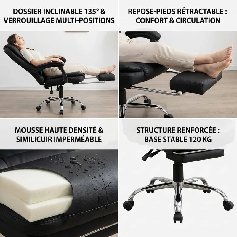 Fauteuil de Bureau Ergonomique avec Repose-Pieds Rétractable - Dossier Inclinable 135°