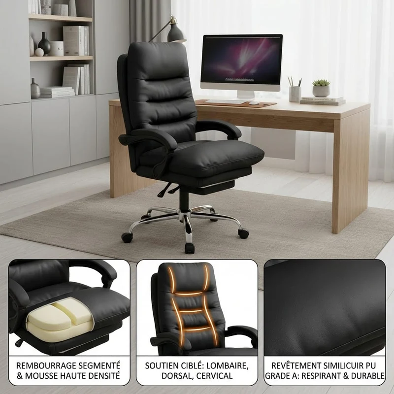 Fauteuil de Bureau Ergonomique avec Repose-Pieds Rétractable - Dossier Inclinable 135°