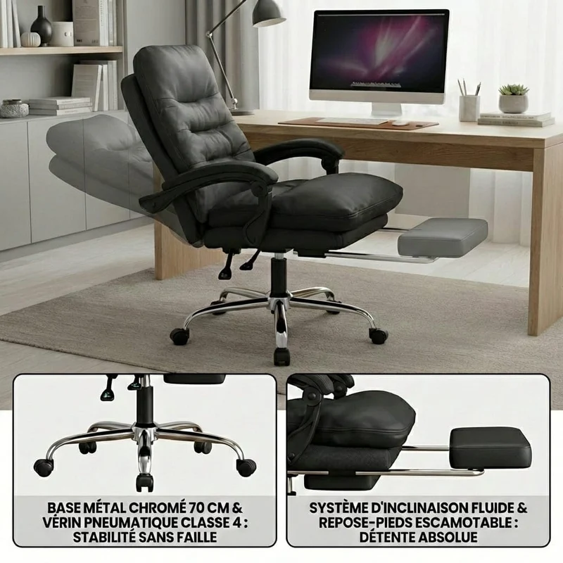 Fauteuil de Bureau Ergonomique avec Repose-Pieds Rétractable - Dossier Inclinable 135°