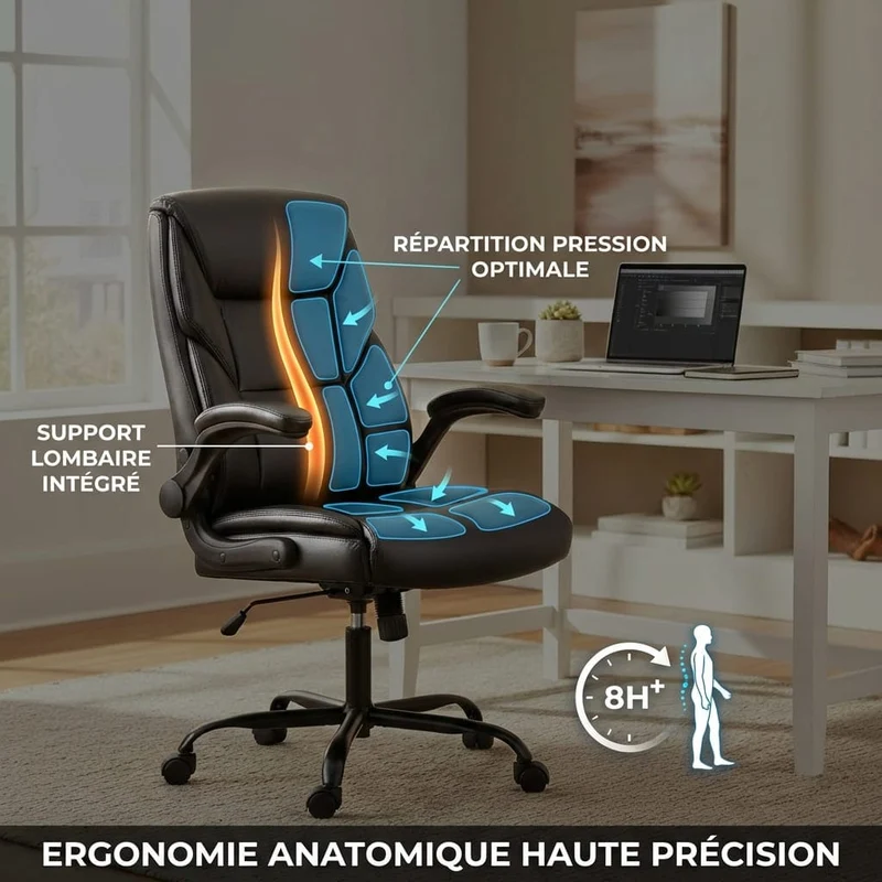 Fauteuil de Bureau Ergonomique Exécutif avec Support Lombaire et Accoudoirs Rembourrés