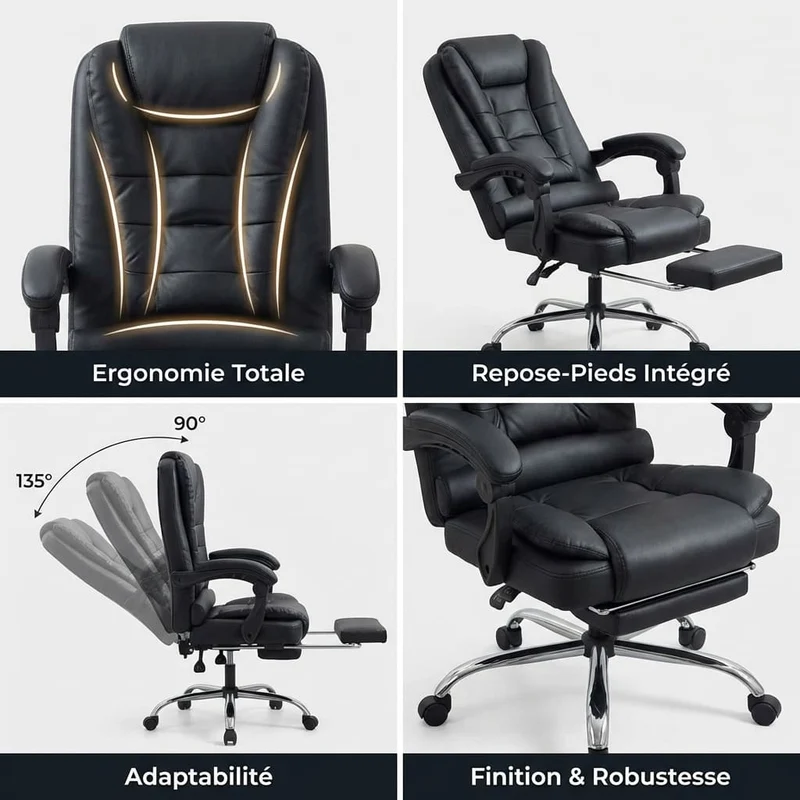 Fauteuil de Bureau Ergonomique avec Repose-Pieds - Dossier Haut Inclinable