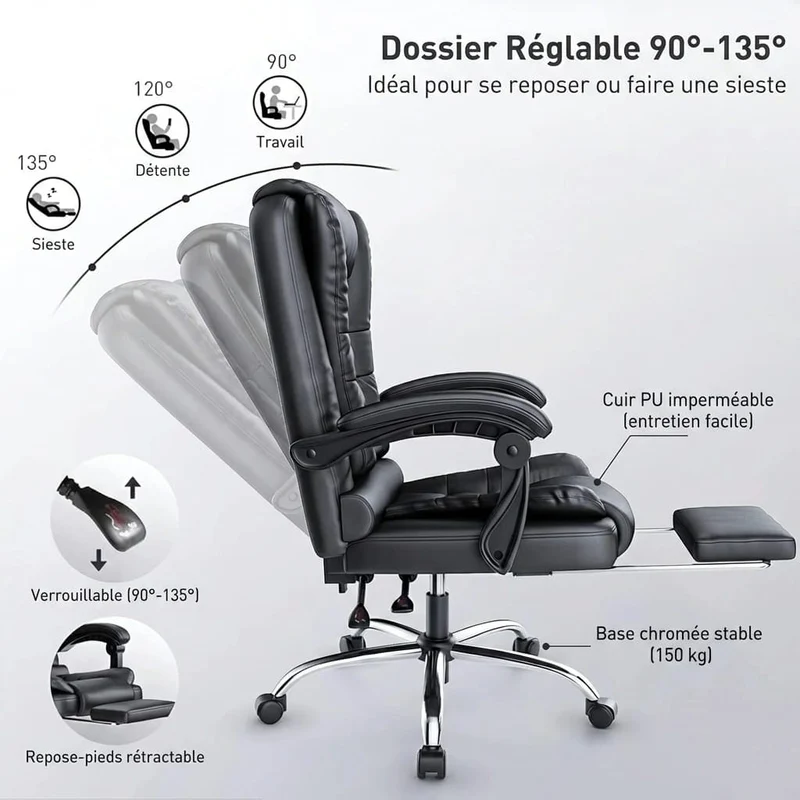Fauteuil de Bureau Ergonomique avec Repose-Pieds - Dossier Haut Inclinable