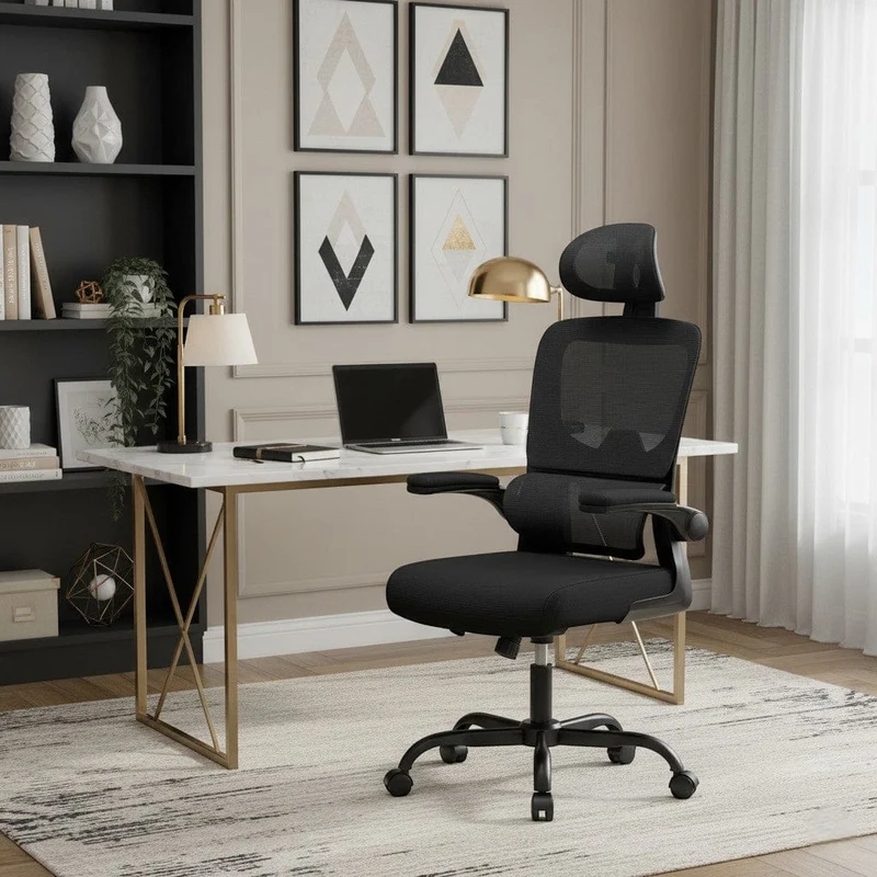 Chaise Ergonomique de Bureau avec Accoudoirs Rabattables et Dossier Respirant Réglable en Hauteur