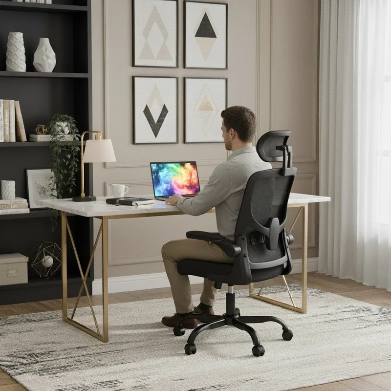 Chaise Ergonomique de Bureau avec Accoudoirs Rabattables et Dossier Respirant Réglable en Hauteur