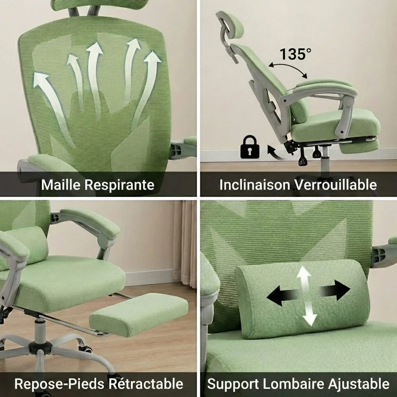 Chaise Ergonomique de Bureau avec Repose-Pieds Rétractable - Support Lombaire Réglable