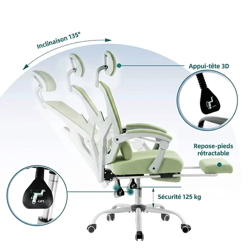 Chaise Ergonomique de Bureau avec Repose-Pieds Rétractable - Support Lombaire Réglable