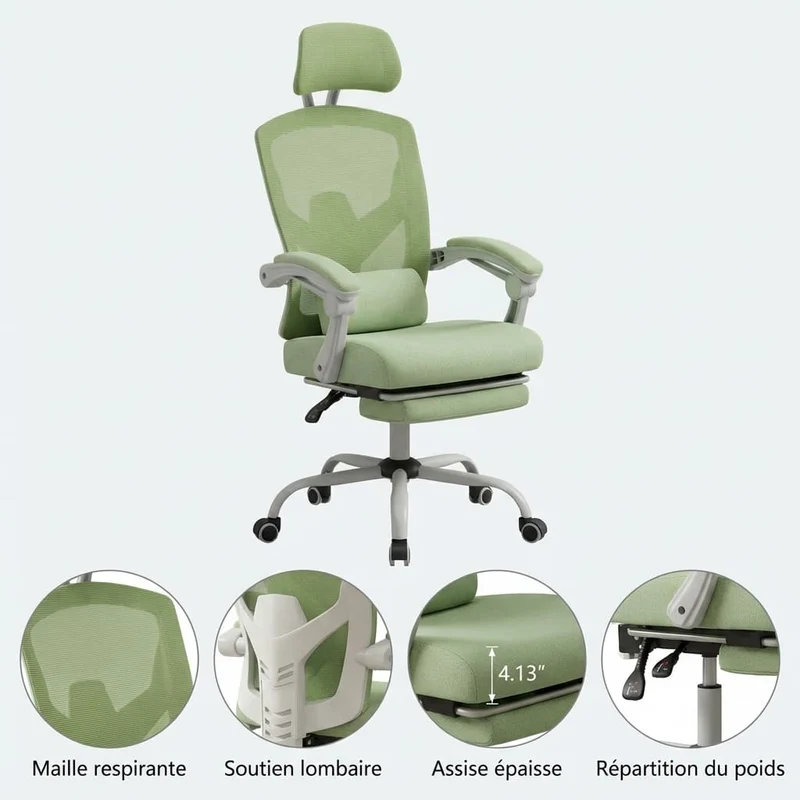 Chaise Ergonomique de Bureau avec Repose-Pieds Rétractable - Support Lombaire Réglable