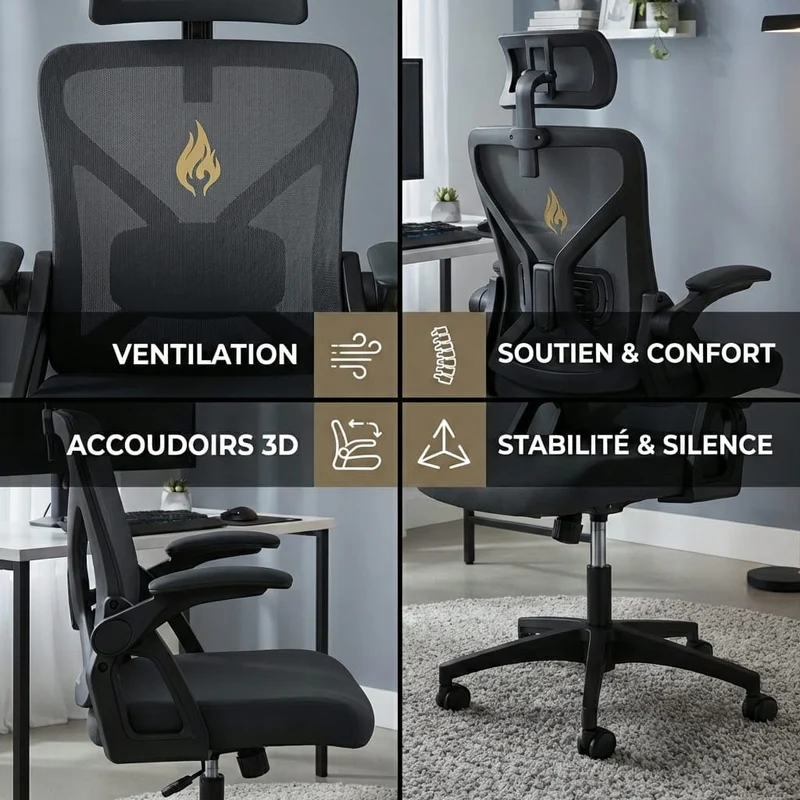Chaise Ergonomique de Bureau avec Appui-Tête Réglable et Support Lombaire - Dossier Mesh Respirant