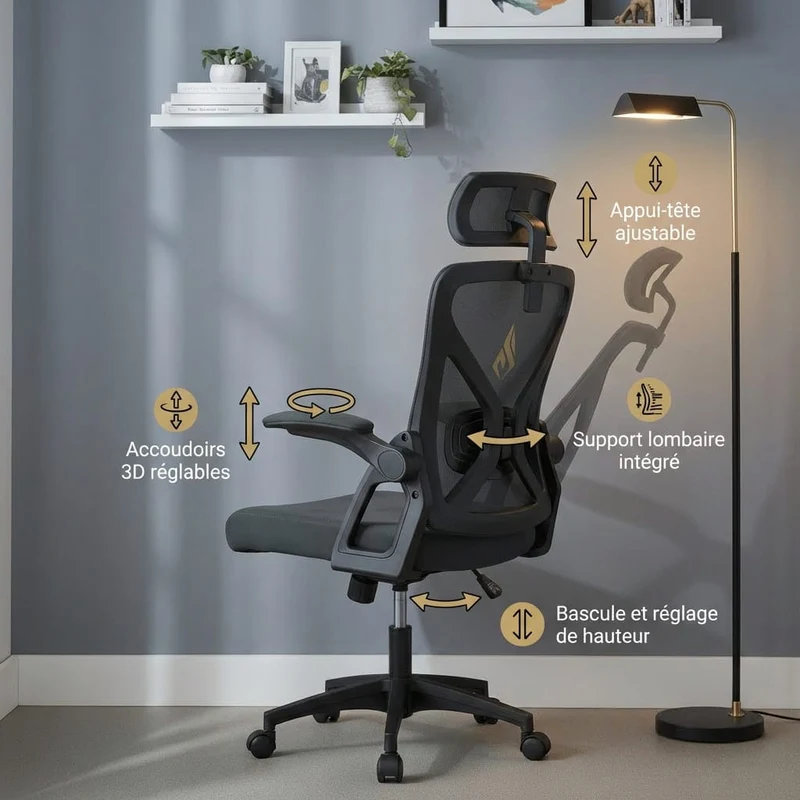 Chaise Ergonomique de Bureau avec Appui-Tête Réglable et Support Lombaire - Dossier Mesh Respirant