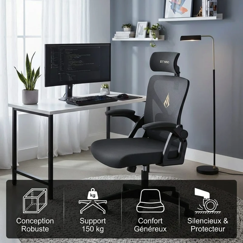 Chaise Ergonomique de Bureau avec Appui-Tête Réglable et Support Lombaire - Dossier Mesh Respirant
