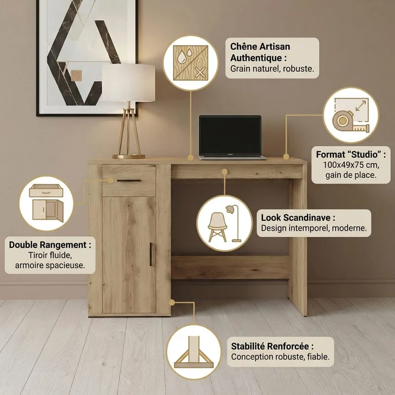 Bureau en Bois Moderne avec Rangements 100x49x75 cm - Station de Travail Chêne Artisan