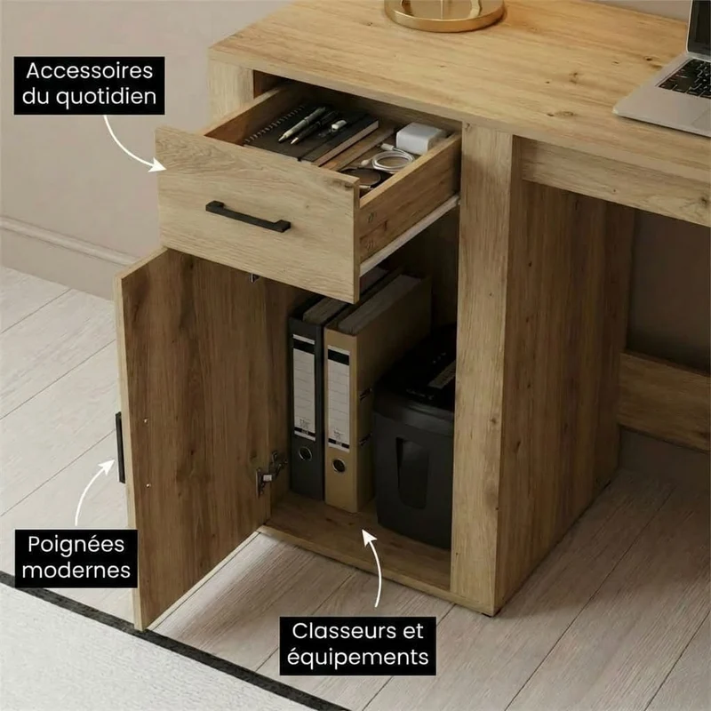 Bureau en Bois Moderne avec Rangements 100x49x75 cm - Station de Travail Chêne Artisan