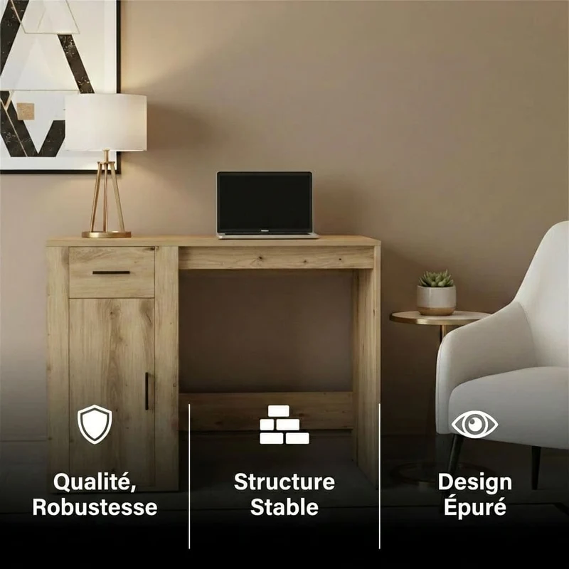 Bureau en Bois Moderne avec Rangements 100x49x75 cm - Station de Travail Chêne Artisan