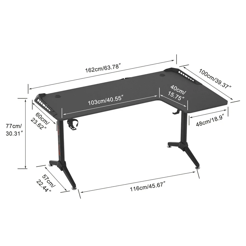 Bureau Gaming LED en L - Configuration Ergonomique avec Éclairage RGB 162cm