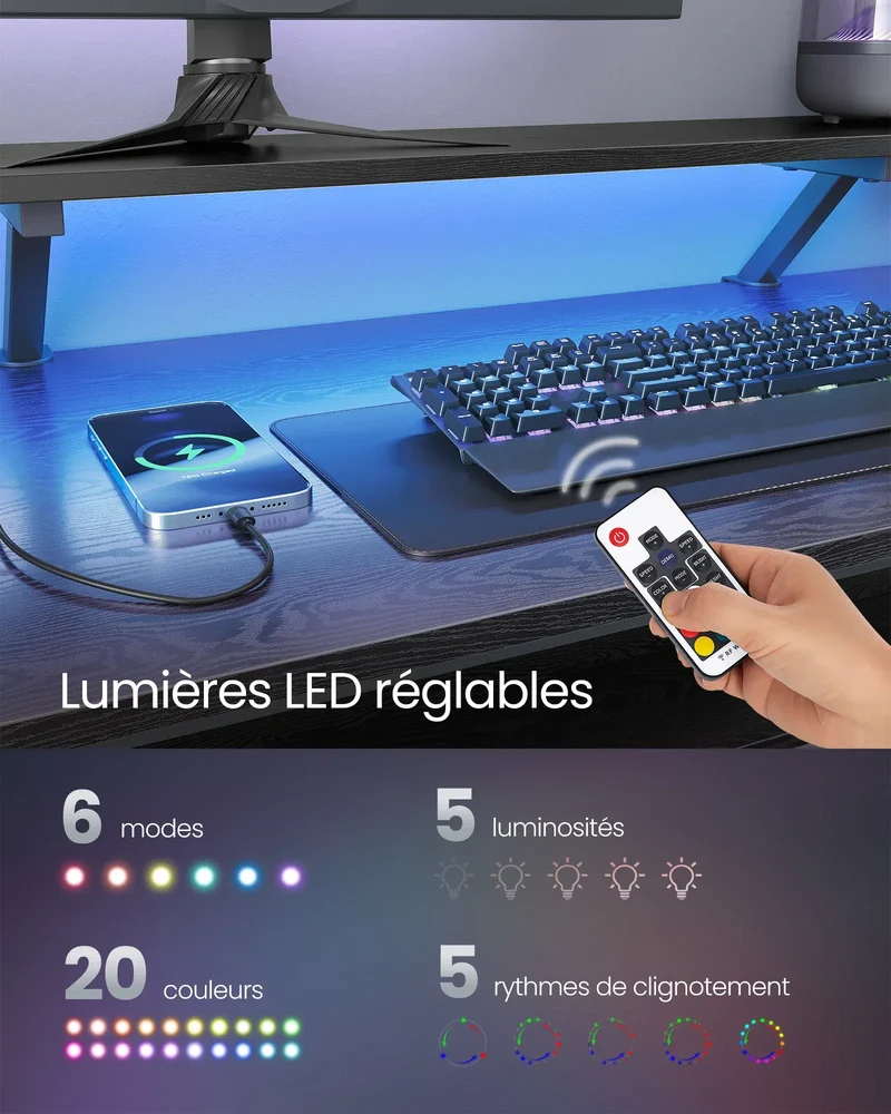 Bureau Gaming LED en Forme de L avec Prises Intégrées et Support Moniteur Ergonomique