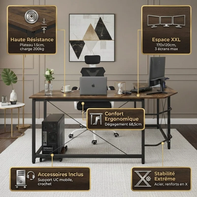 Bureau d'Angle en L 170cm - Station de Travail Gaming et Télétravail