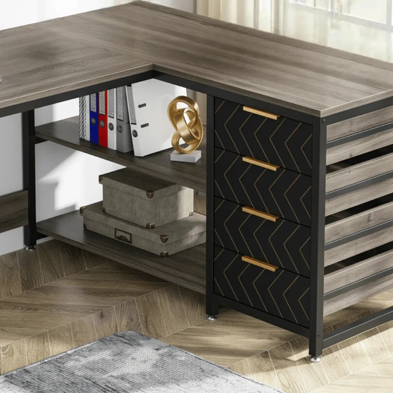 Bureau d'Angle en L 150 cm avec Rangements et Tiroirs Intégrés