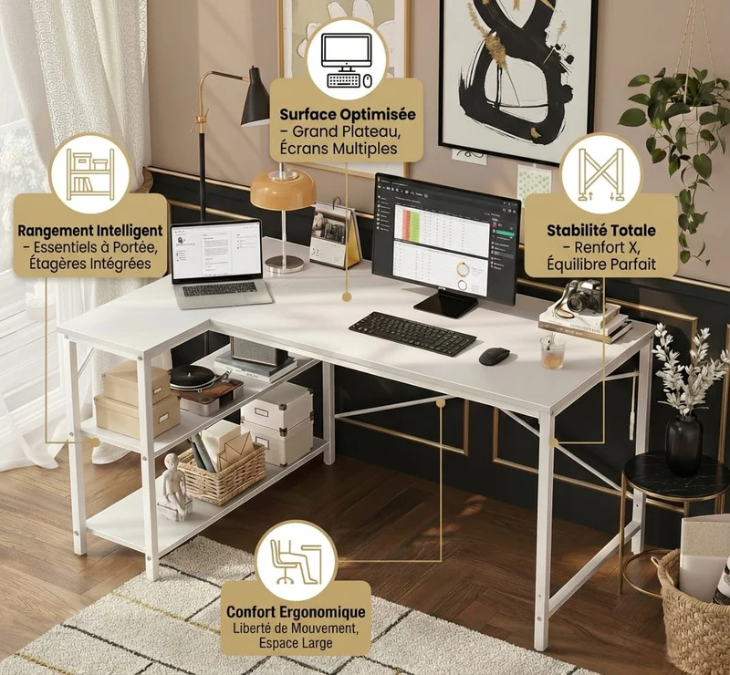 Bureau d'Angle en L 120 cm avec Étagères de Rangement Intégrées - Station de Travail Moderne 120cm pour Home Office
