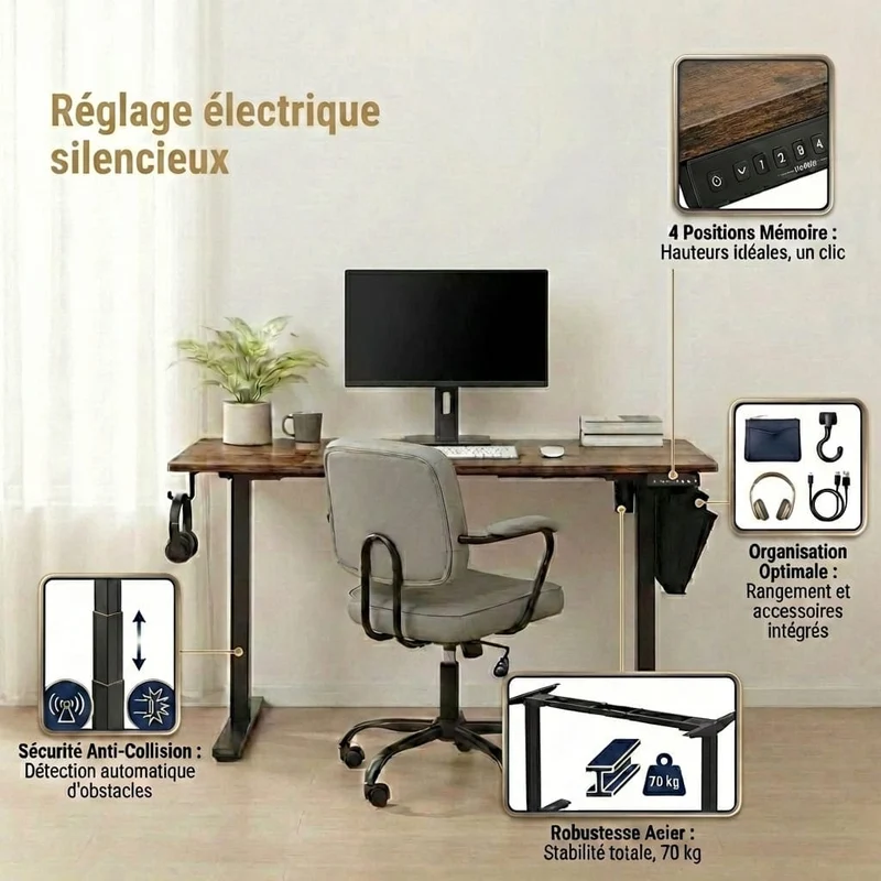 Bureau Assis Debout Électrique 120x60cm avec Porte Documents Latéral - Hauteur Réglable 72-120cm