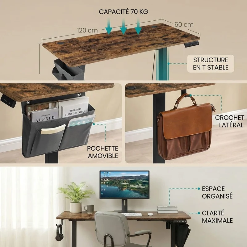 Bureau Assis Debout Électrique 120x60cm avec Porte Documents Latéral - Hauteur Réglable 72-120cm