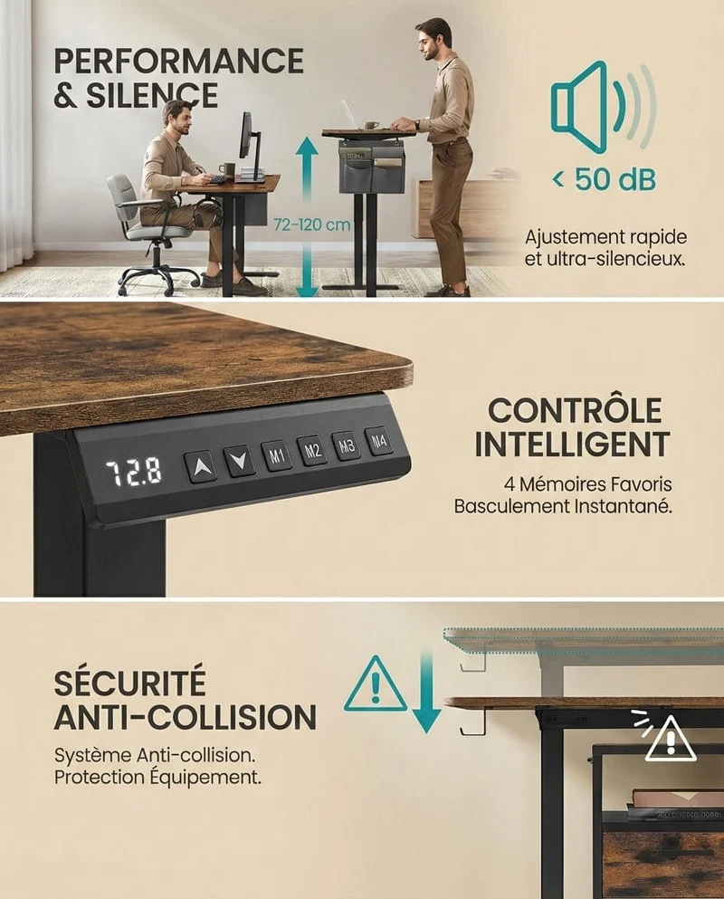 Bureau Assis Debout Électrique 120x60cm avec Porte Documents Latéral - Hauteur Réglable 72-120cm